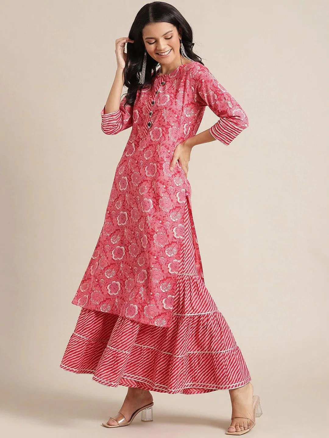 Pink Ethnic Motifs Printed Panelled Kurta With Skirt