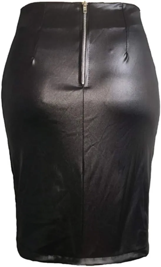 PU Leather Bodycon Skirt High Waist Sexy Split Bandage Pencil Skirts for Women Faux Leather Pencil Skirt