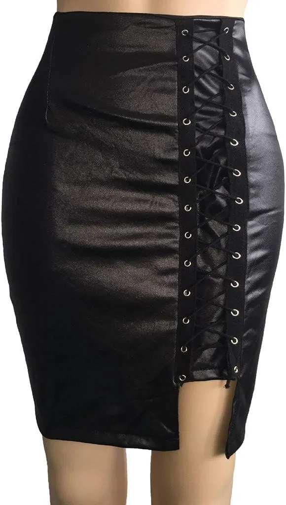 PU Leather Bodycon Skirt High Waist Sexy Split Bandage Pencil Skirts for Women Faux Leather Pencil Skirt