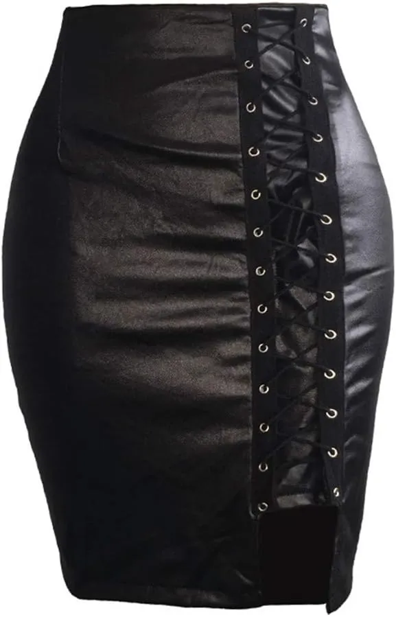 PU Leather Bodycon Skirt High Waist Sexy Split Bandage Pencil Skirts for Women Faux Leather Pencil Skirt