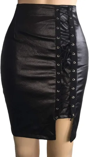 PU Leather Bodycon Skirt High Waist Sexy Split Bandage Pencil Skirts for Women Faux Leather Pencil Skirt