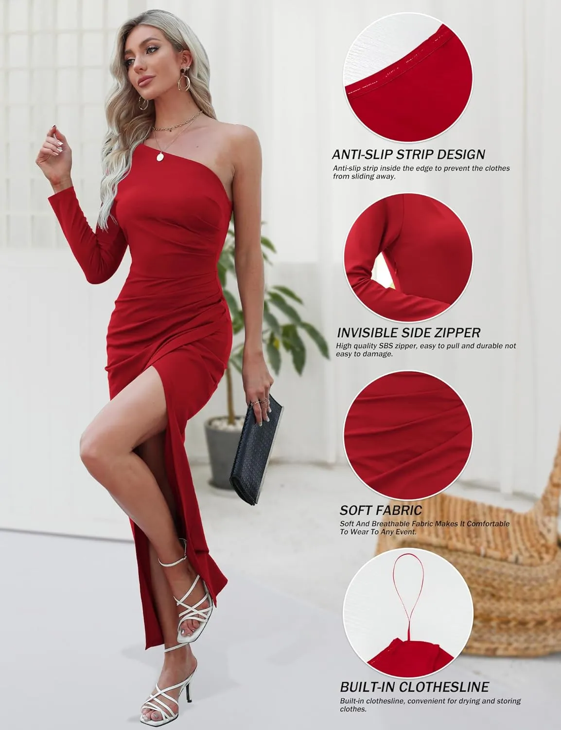 Sarin Mathews Womens One Shoulder Long Sleeve Cocktail Dresses Sexy Bodycon Ruched Wrap Split Party Formal Long Dress
