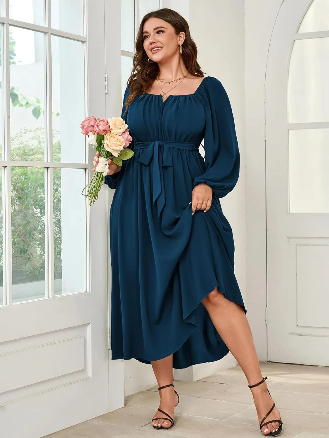 SCOMCHIC Women Plus Size Maxi Dress Long Sleeve Square Neck Wedding Guest Cocktail Belted Elegant Flowy A Line Long Dresses