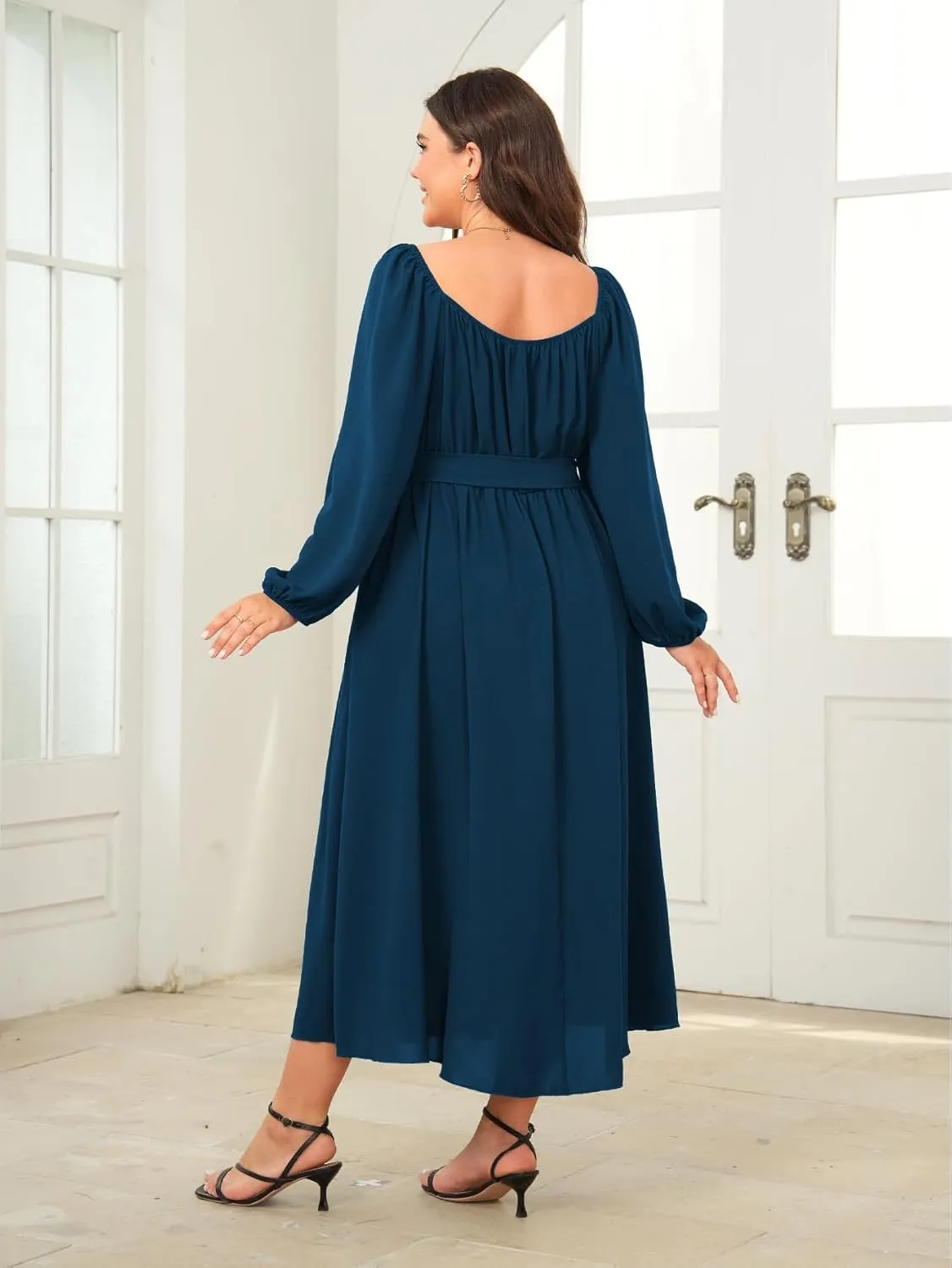 SCOMCHIC Women Plus Size Maxi Dress Long Sleeve Square Neck Wedding Guest Cocktail Belted Elegant Flowy A Line Long Dresses