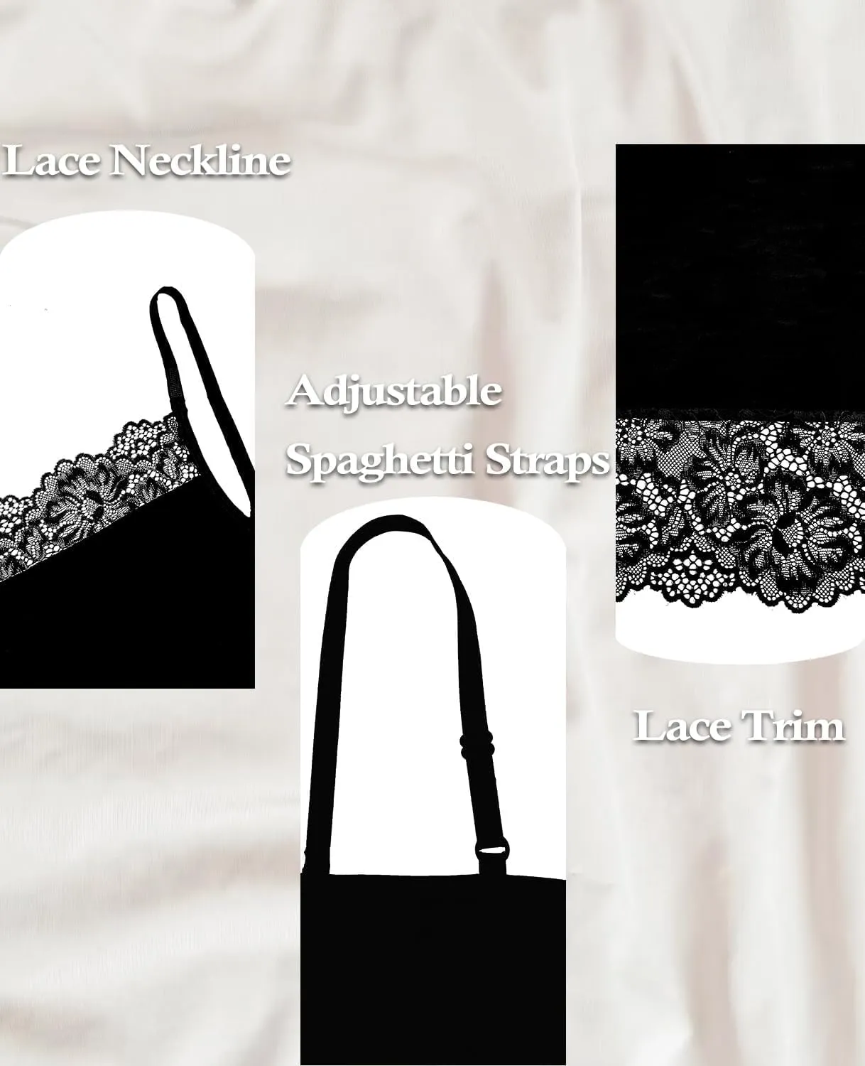 Slip for Women Under Dress Satin Silky Sleepwear Sexy Lace Trim V Neck Tank Nightgown Cooling Feel