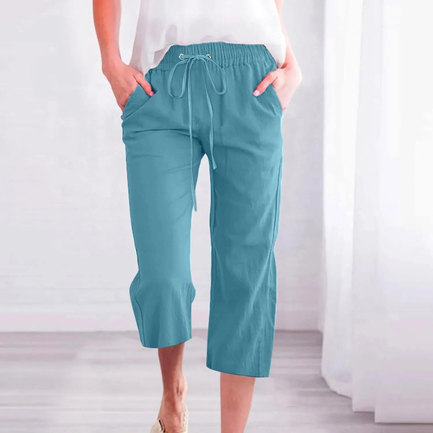 SMIDOW Capri Pants for Women Casual 2025 Summer Drawstring Elastic High Waist Linen Pant Straight Wide Leg Cropped Trouser
