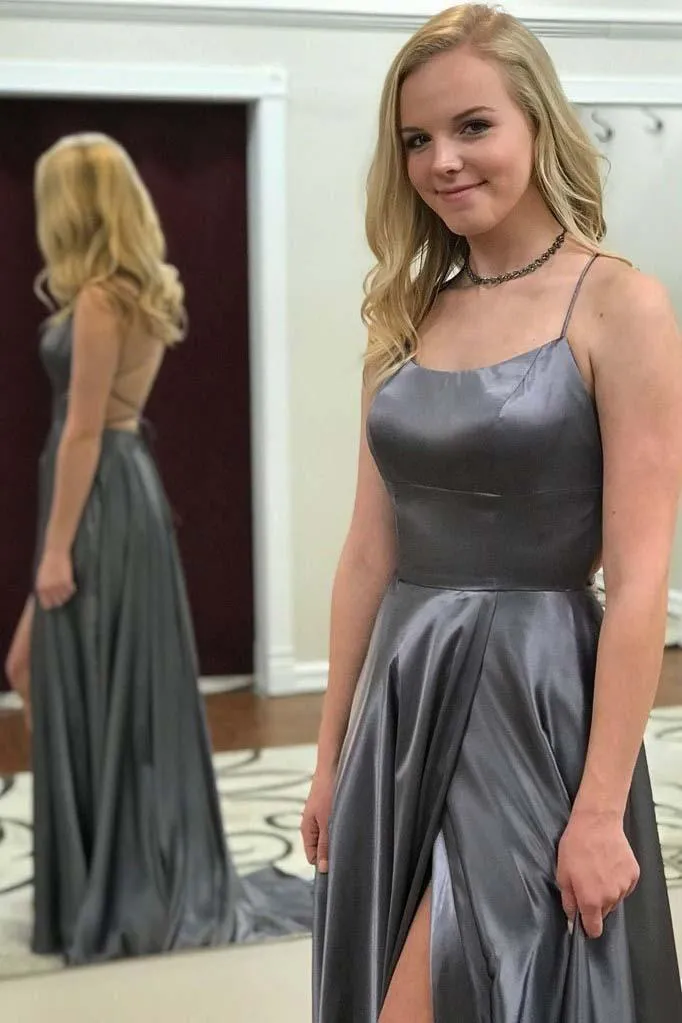 Spaghetti Strap Simple Prom Dress with Side Slit, Long Bridesmaid Dresses