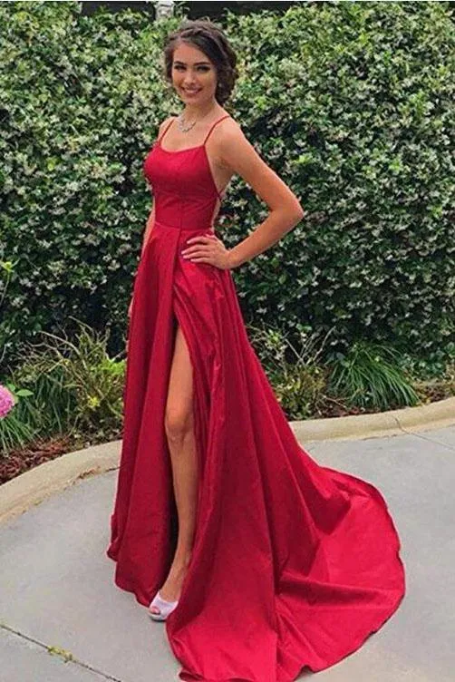 Spaghetti Strap Simple Prom Dress with Side Slit, Long Bridesmaid Dresses