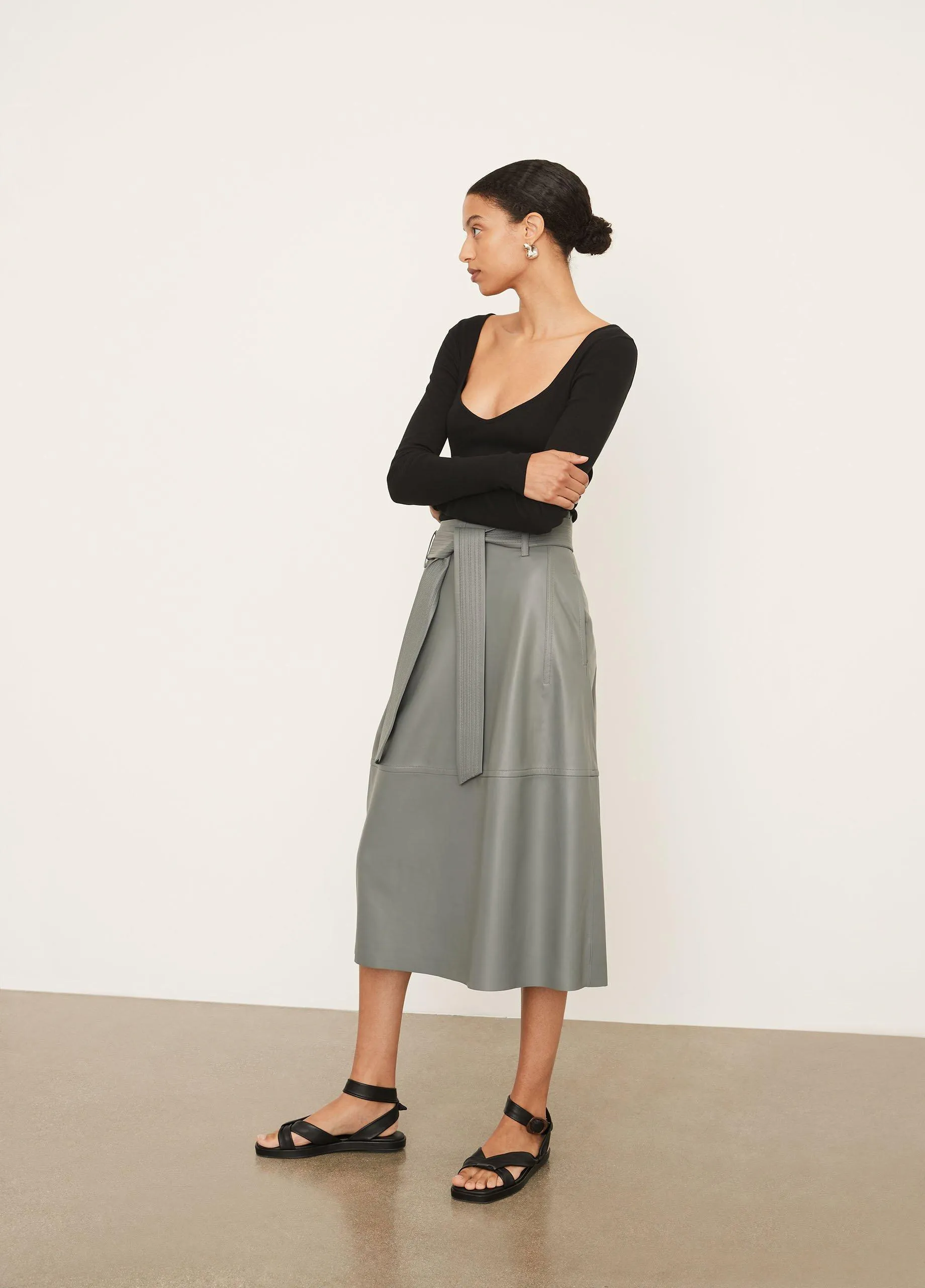 Stitched Belt Leather Skirt in Sea Stone