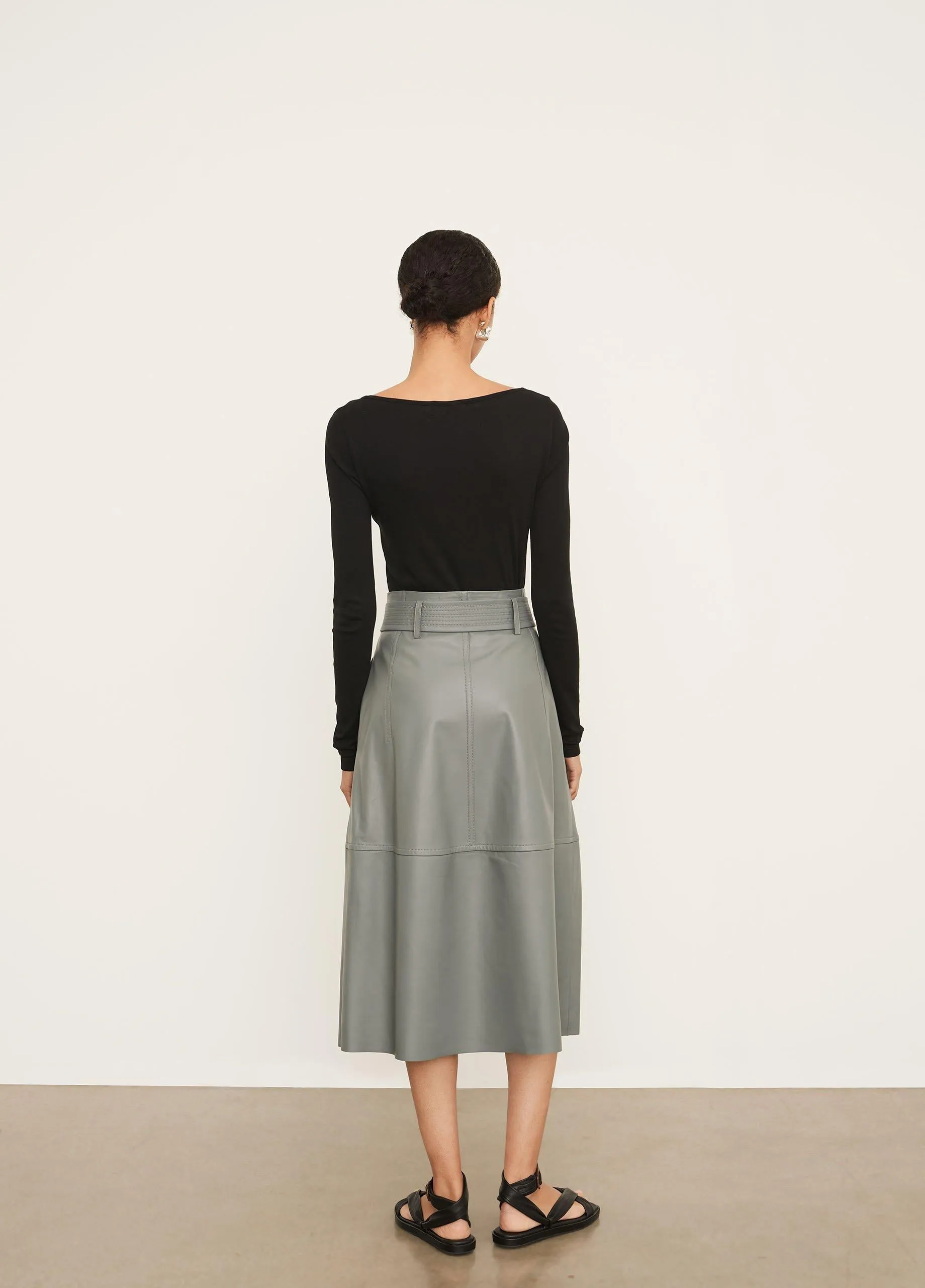 Stitched Belt Leather Skirt in Sea Stone