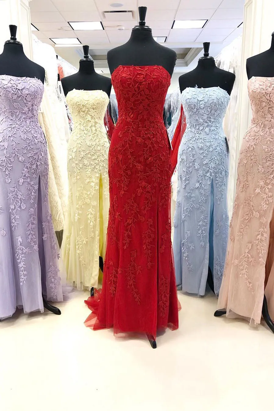 Strapless Light Blue Lace Long Prom Dress with Slit