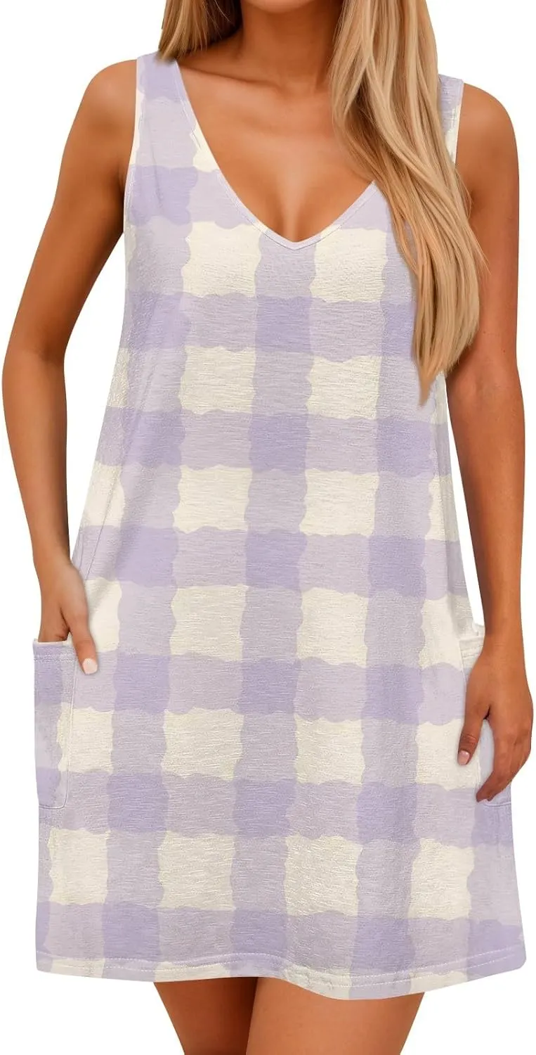 Summer Dresses for Women Beach V Neck Swimsuit Coverup Casual Sleeveless Dress with Pocket 2025 Printed Sundress