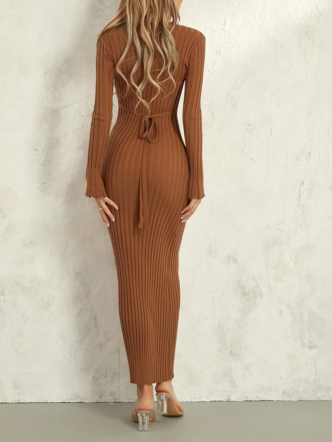Sunloudy Women Crewneck Knit Maxi Dress Bell Long Sleeve Ruched Ribbed Bodycon Long Sweater Dress Streetwear