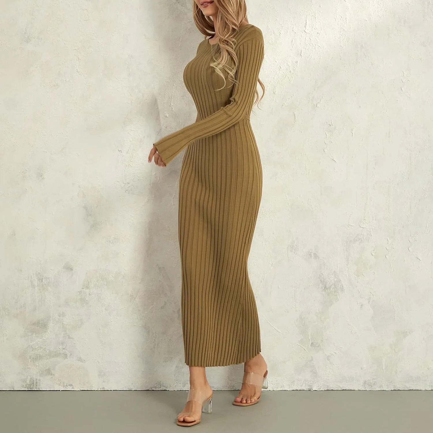 Sunloudy Women Crewneck Knit Maxi Dress Bell Long Sleeve Ruched Ribbed Bodycon Long Sweater Dress Streetwear
