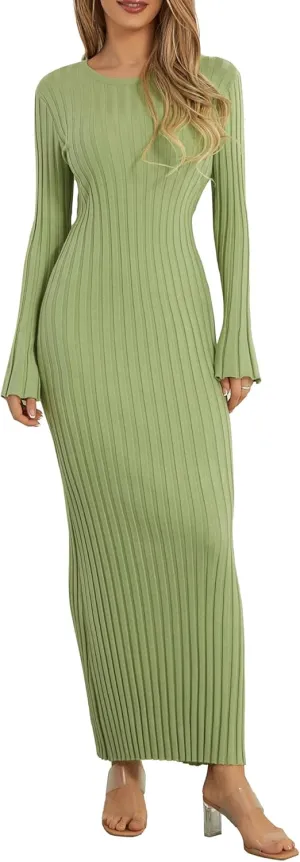 Sunloudy Women Crewneck Knit Maxi Dress Bell Long Sleeve Ruched Ribbed Bodycon Long Sweater Dress Streetwear
