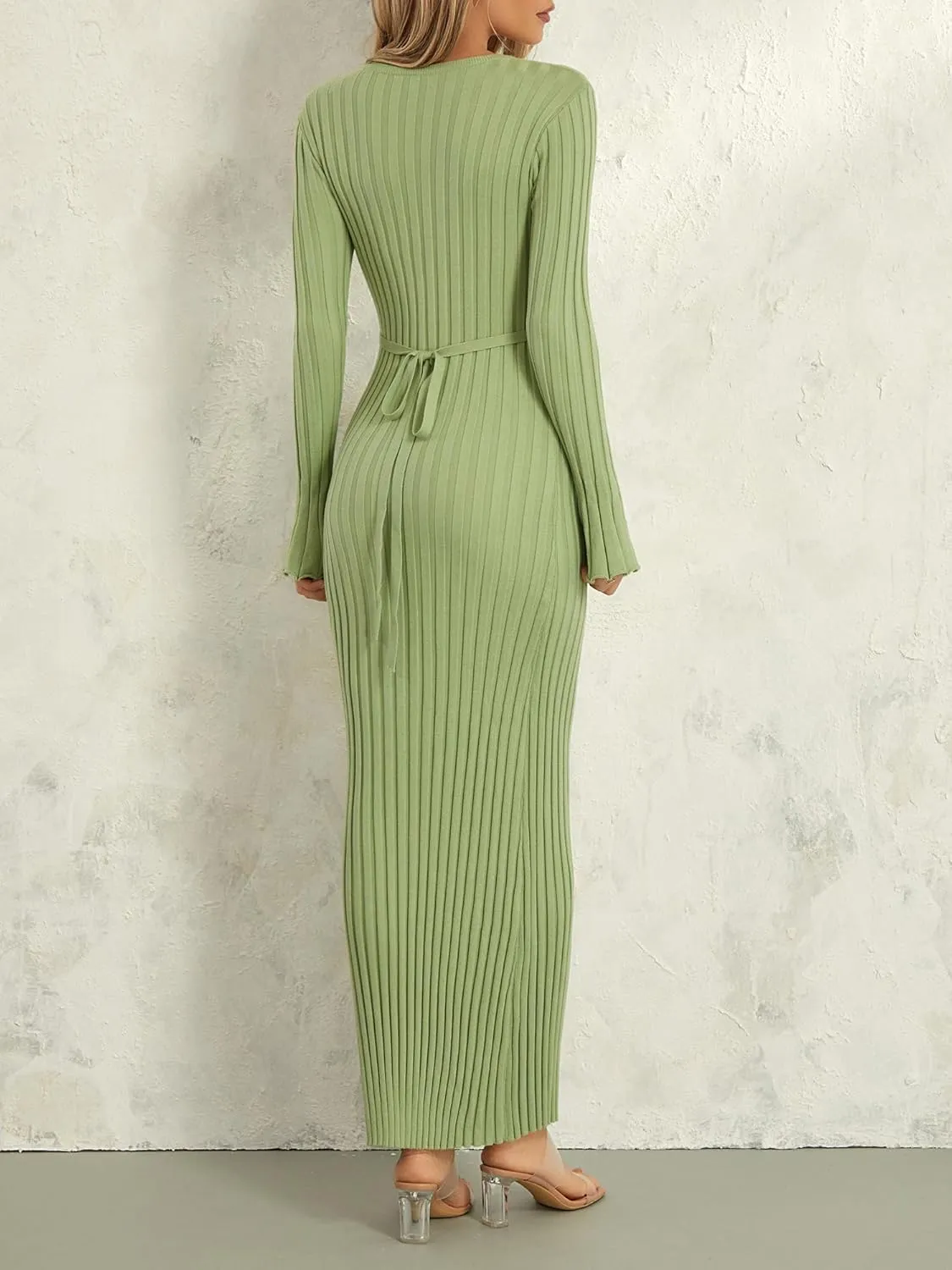 Sunloudy Women Crewneck Knit Maxi Dress Bell Long Sleeve Ruched Ribbed Bodycon Long Sweater Dress Streetwear