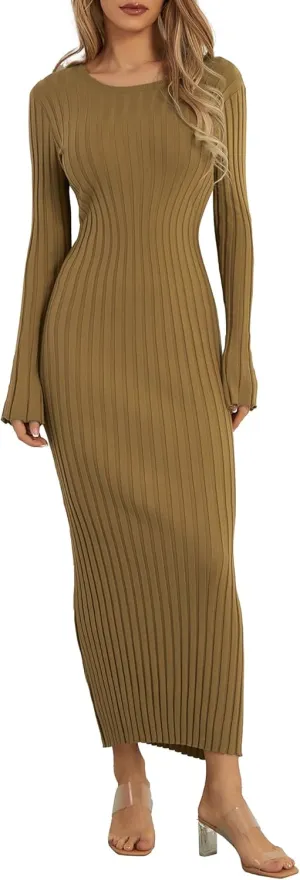 Sunloudy Women Crewneck Knit Maxi Dress Bell Long Sleeve Ruched Ribbed Bodycon Long Sweater Dress Streetwear