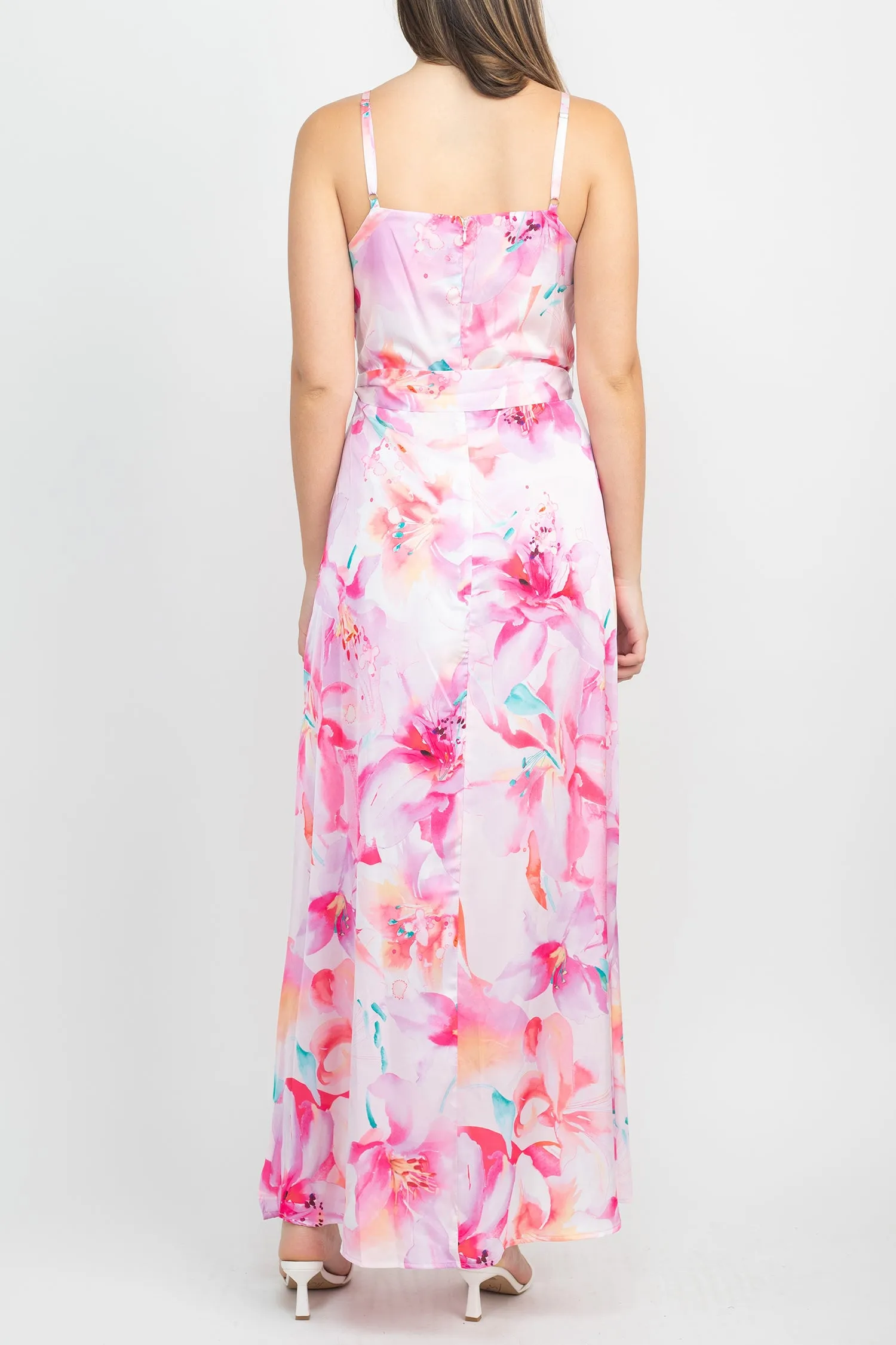 Tahari ASL V-Neck Spaghetti Strap Tie Waist Zipper Back Multi Print Slit Side Satin Dress