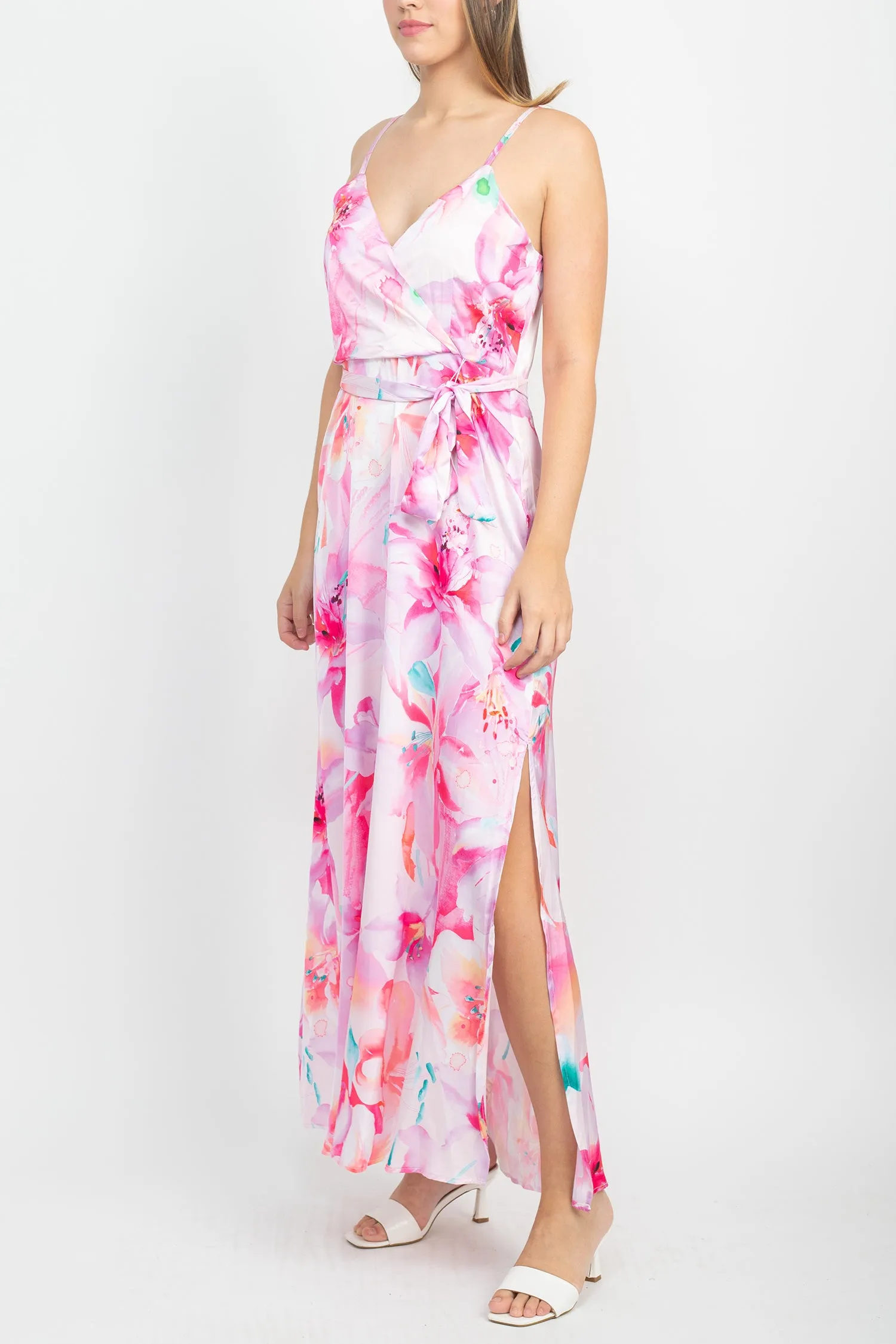 Tahari ASL V-Neck Spaghetti Strap Tie Waist Zipper Back Multi Print Slit Side Satin Dress