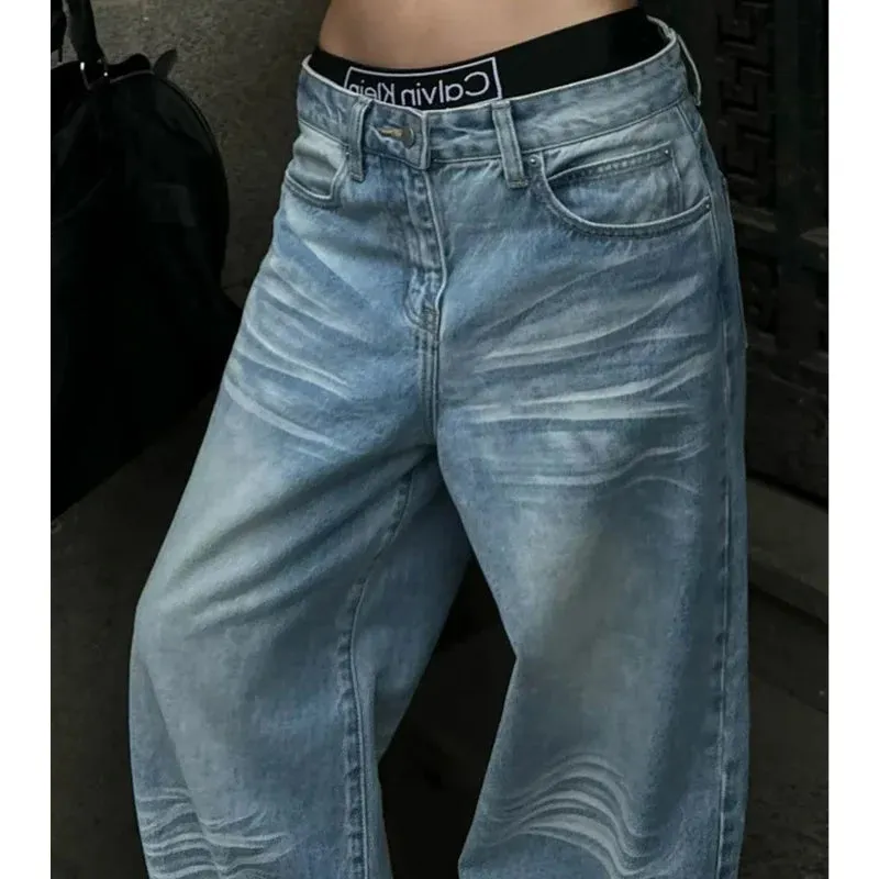 TAIVIMART  -  Women Jeans Baby Blue High Waist A Sense of Niche Design Vintage Straight Denim Pants Summer Classic Wide Leg Denim Trouser
