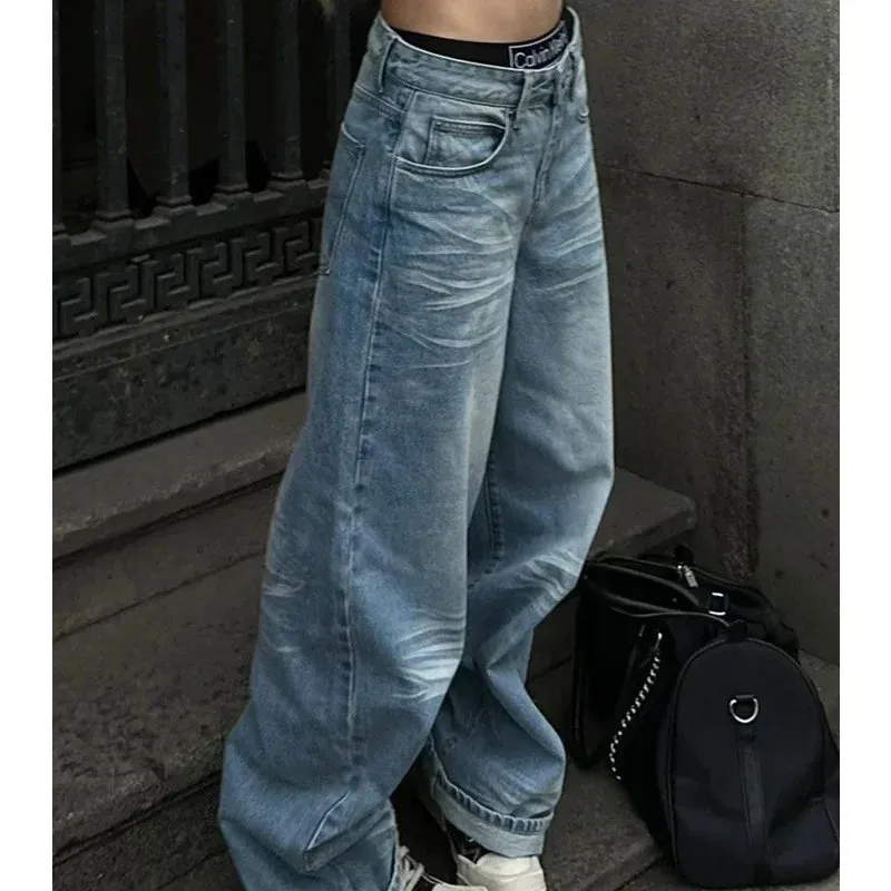 TAIVIMART  -  Women Jeans Baby Blue High Waist A Sense of Niche Design Vintage Straight Denim Pants Summer Classic Wide Leg Denim Trouser
