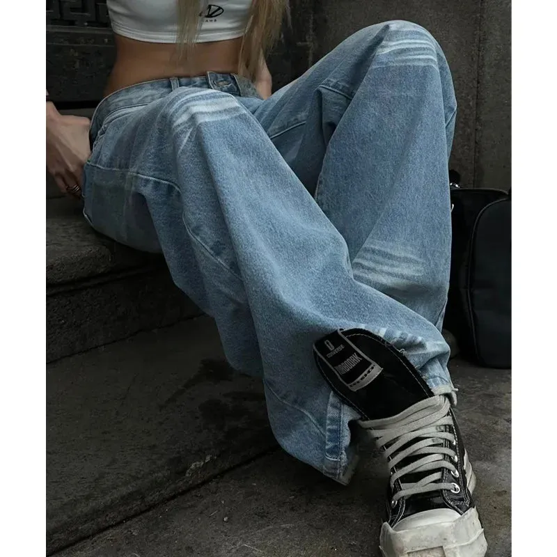 TAIVIMART  -  Women Jeans Baby Blue High Waist A Sense of Niche Design Vintage Straight Denim Pants Summer Classic Wide Leg Denim Trouser