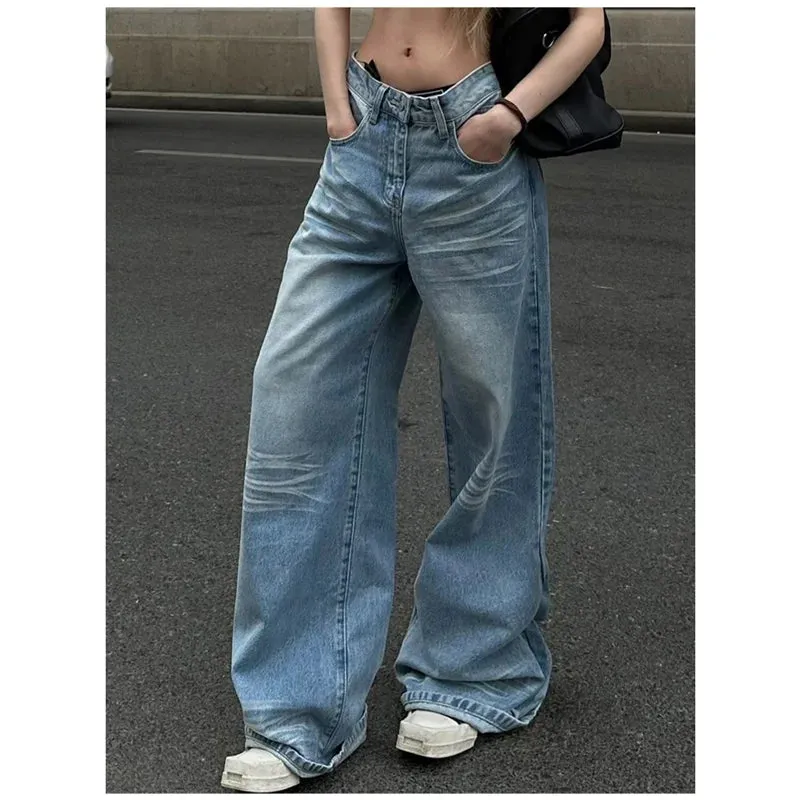 TAIVIMART  -  Women Jeans Baby Blue High Waist A Sense of Niche Design Vintage Straight Denim Pants Summer Classic Wide Leg Denim Trouser