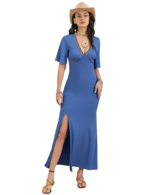 TEEK - Blue Slit Openwork V-Neck Half Sleeve Dress