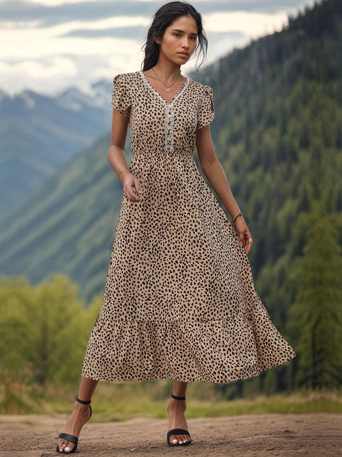 TEEK - Camel Slit V-Neck Short Sleeve Dress