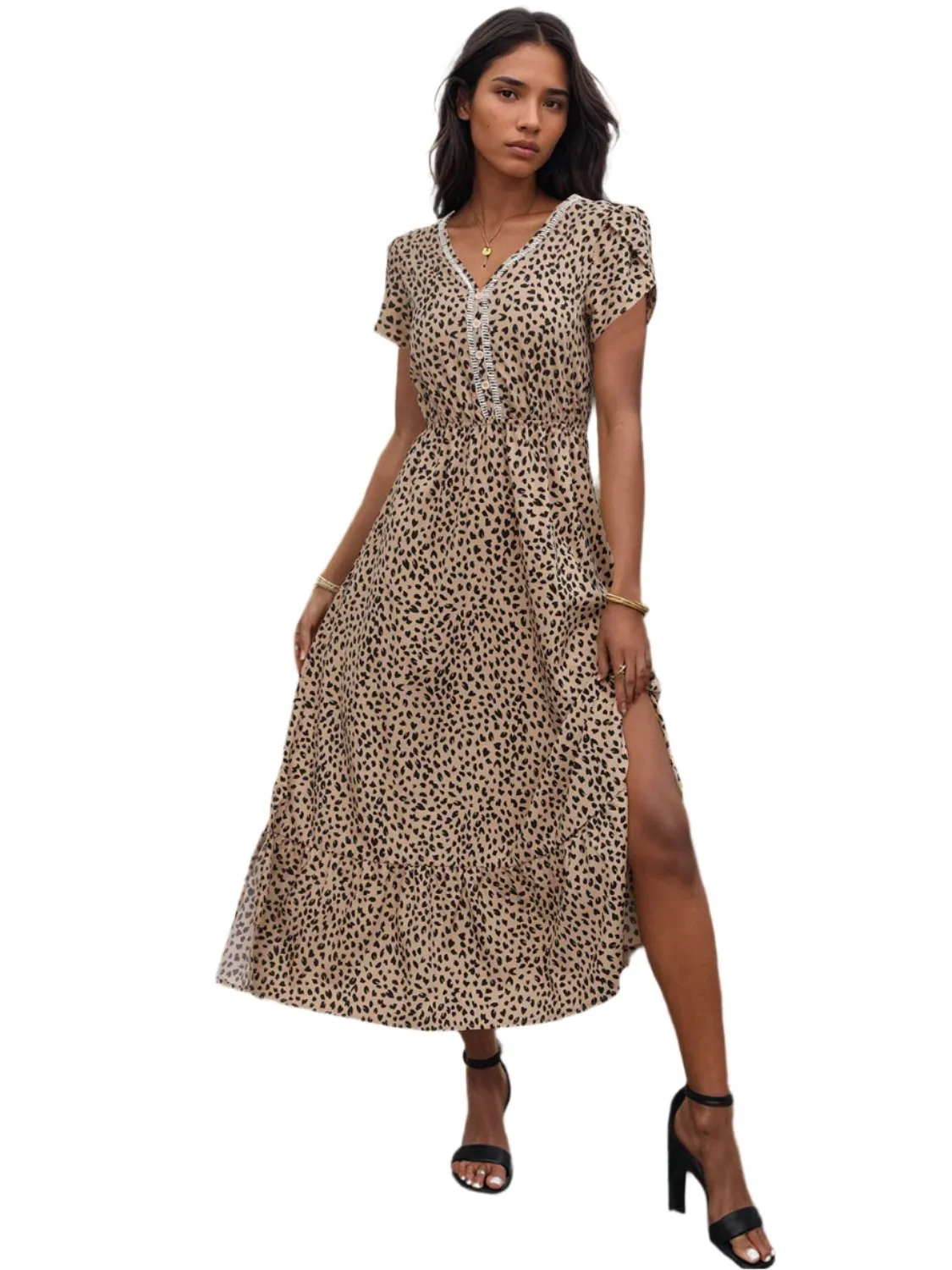 TEEK - Camel Slit V-Neck Short Sleeve Dress