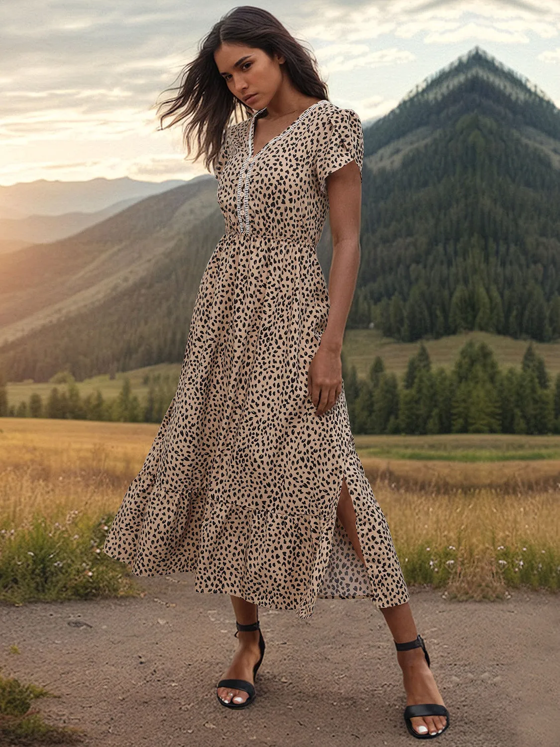 TEEK - Camel Slit V-Neck Short Sleeve Dress