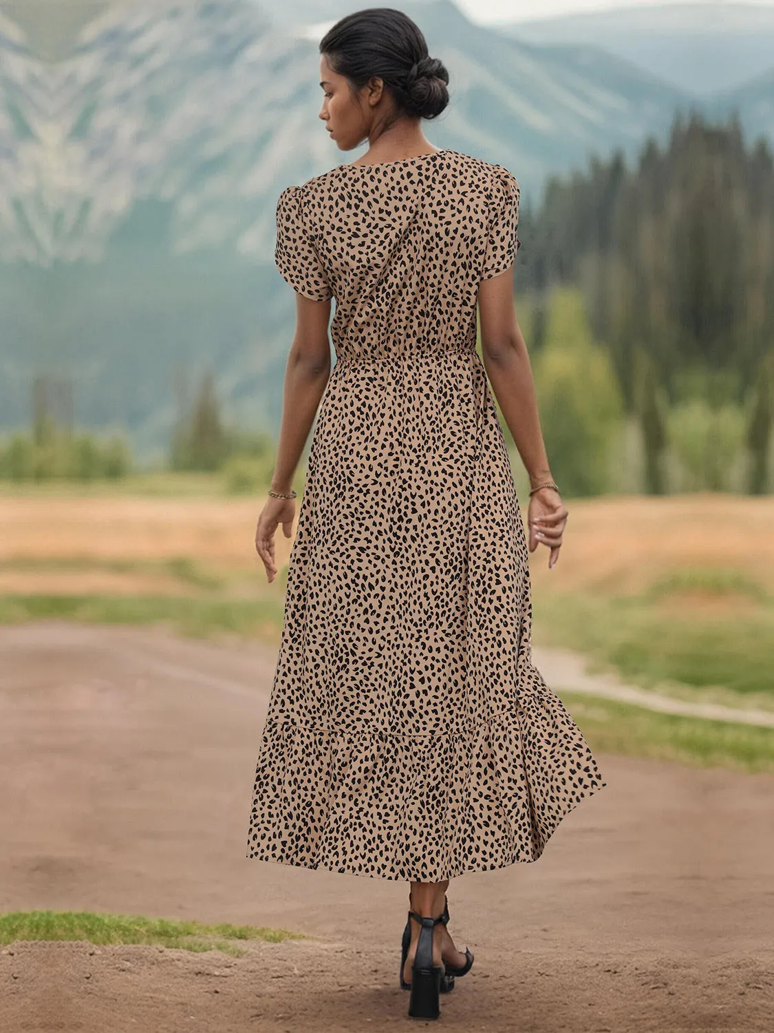 TEEK - Camel Slit V-Neck Short Sleeve Dress