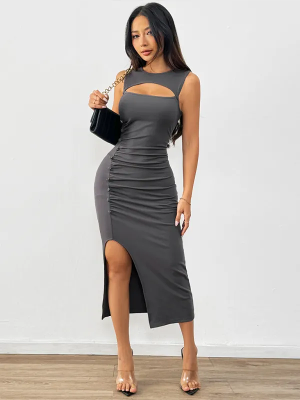 TEEK - Grey Slim Side Slit Dress