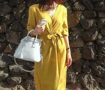 V-NECK HIGH-WAIST LINEN LONG DRESS