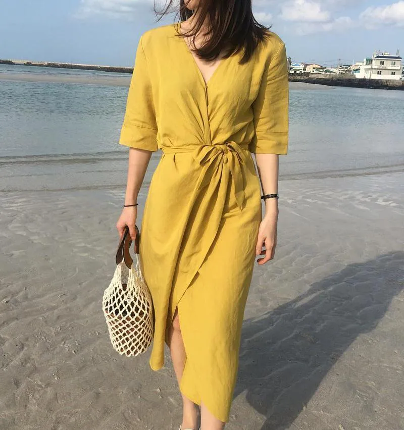V-NECK HIGH-WAIST LINEN LONG DRESS