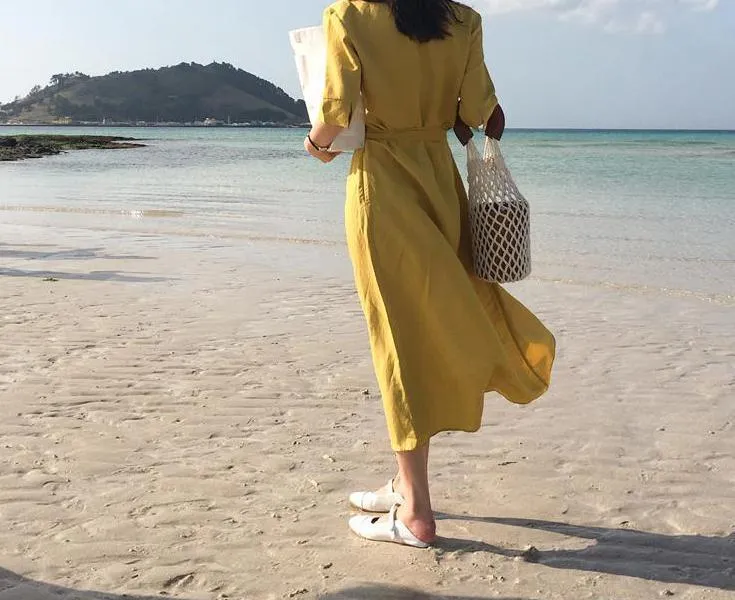 V-NECK HIGH-WAIST LINEN LONG DRESS