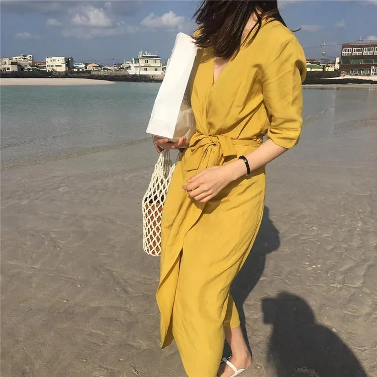 V-NECK HIGH-WAIST LINEN LONG DRESS