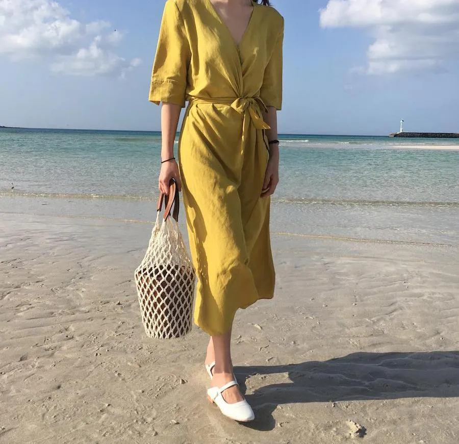 V-NECK HIGH-WAIST LINEN LONG DRESS