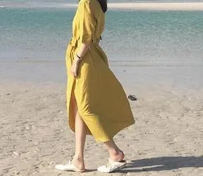 V-NECK HIGH-WAIST LINEN LONG DRESS