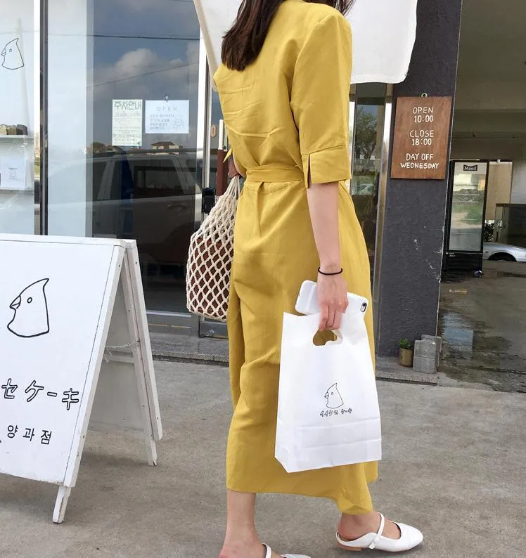 V-NECK HIGH-WAIST LINEN LONG DRESS