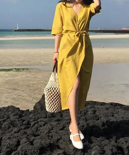 V-NECK HIGH-WAIST LINEN LONG DRESS