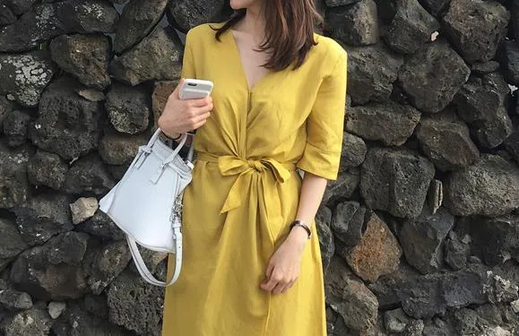 V-NECK HIGH-WAIST LINEN LONG DRESS