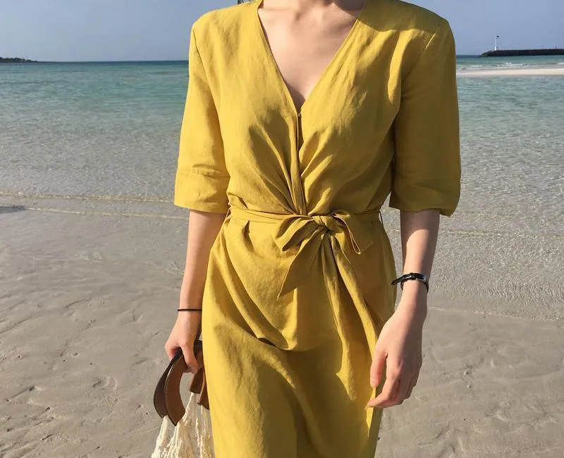 V-NECK HIGH-WAIST LINEN LONG DRESS