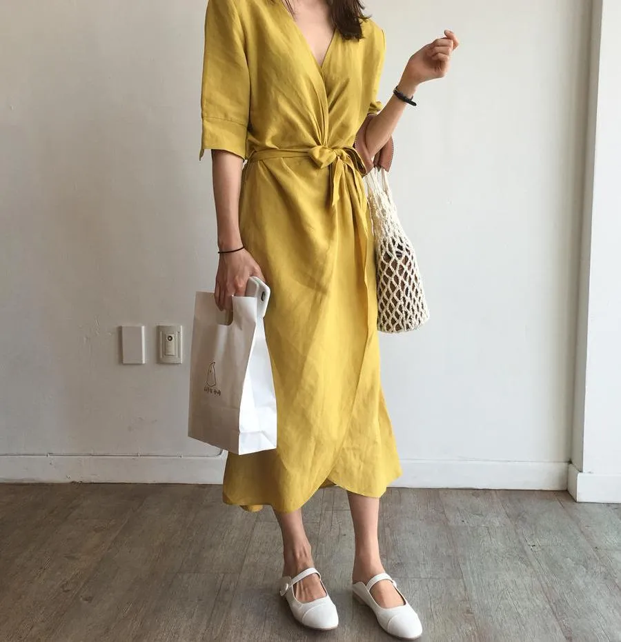 V-NECK HIGH-WAIST LINEN LONG DRESS