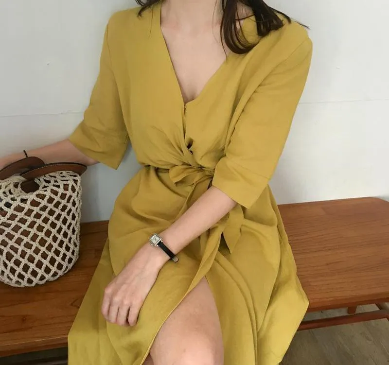 V-NECK HIGH-WAIST LINEN LONG DRESS