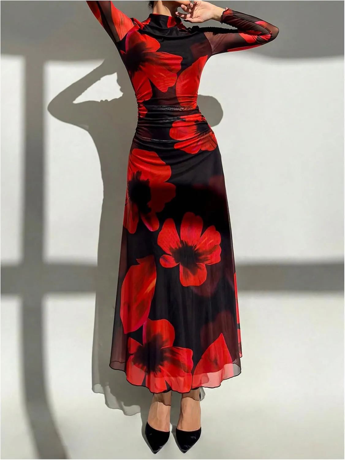 Verdusa Women's Floral Wedding Guest Dress Mesh Bodycon Long Sleeve Date Night Long Dresses