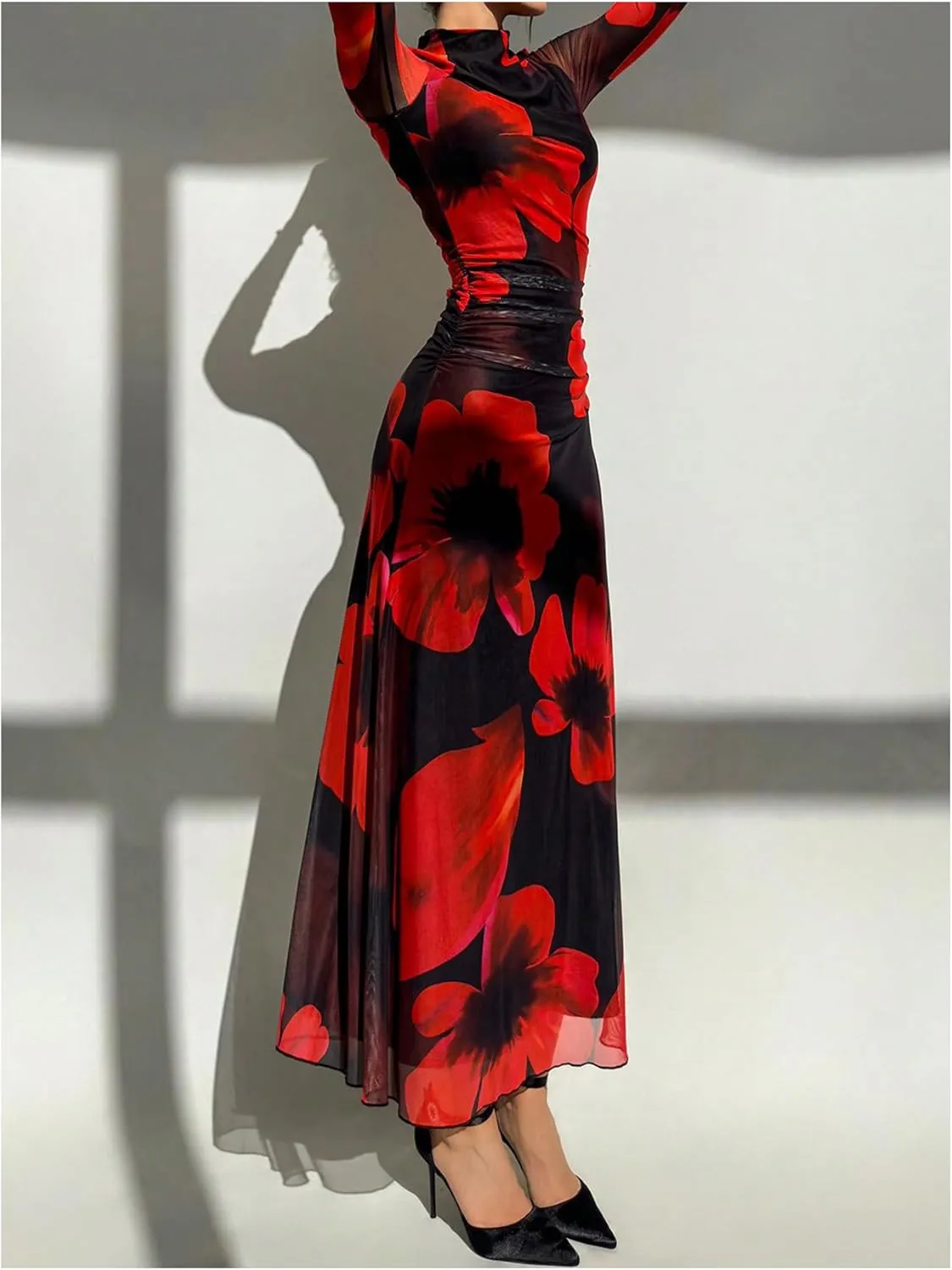 Verdusa Women's Floral Wedding Guest Dress Mesh Bodycon Long Sleeve Date Night Long Dresses
