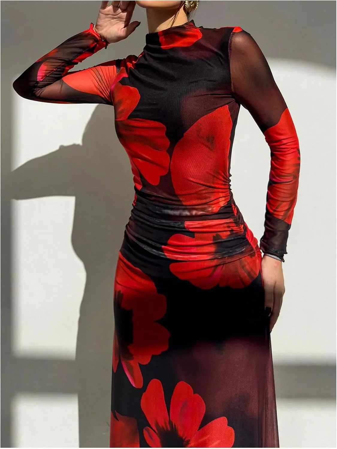 Verdusa Women's Floral Wedding Guest Dress Mesh Bodycon Long Sleeve Date Night Long Dresses