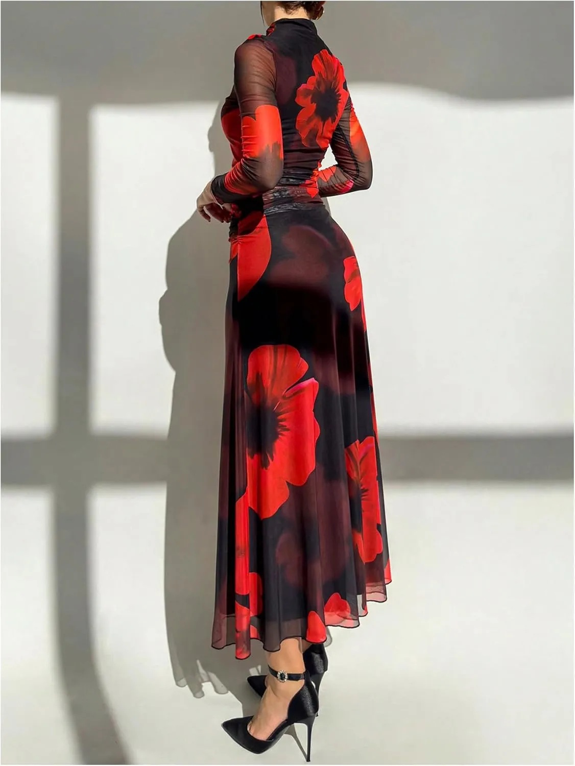 Verdusa Women's Floral Wedding Guest Dress Mesh Bodycon Long Sleeve Date Night Long Dresses