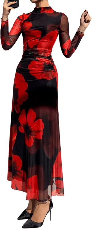 Verdusa Women's Floral Wedding Guest Dress Mesh Bodycon Long Sleeve Date Night Long Dresses